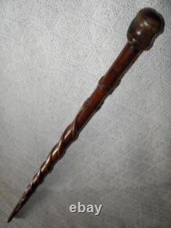Antique Walking Stick / Cane Hand Carved Lady's Head Shaft With Carved Snakes