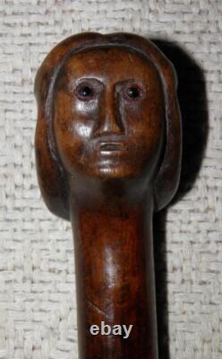 Antique Walking Stick / Cane Hand Carved Lady's Head Shaft With Carved Snakes