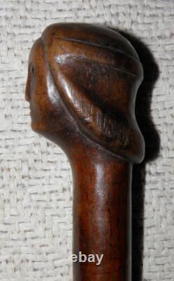 Antique Walking Stick / Cane Hand Carved Lady's Head Shaft With Carved Snakes