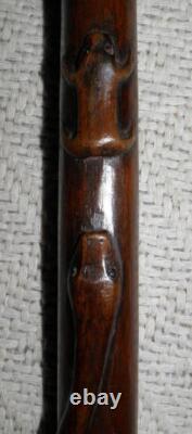 Antique Walking Stick / Cane Hand Carved Lady's Head Shaft With Carved Snakes