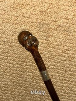 Antique Walking Stick Cane Hand-Carved Man Top & Hallmarked 1914 Silver Collar