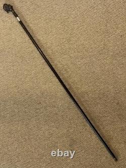 Antique Walking Stick Cane Hand-Carved Man Top & Hallmarked 1914 Silver Collar