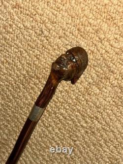 Antique Walking Stick Cane Hand-Carved Man Top & Hallmarked 1914 Silver Collar