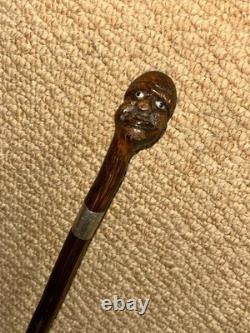 Antique Walking Stick Cane Hand-Carved Man Top & Hallmarked 1914 Silver Collar