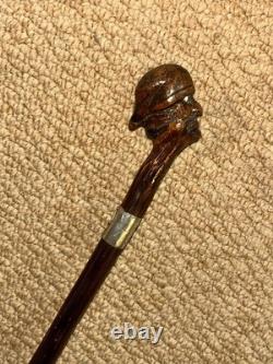 Antique Walking Stick Cane Hand-Carved Man Top & Hallmarked 1914 Silver Collar
