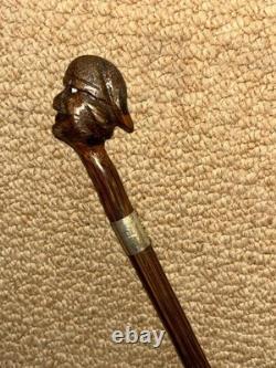 Antique Walking Stick Cane Hand-Carved Man Top & Hallmarked 1914 Silver Collar