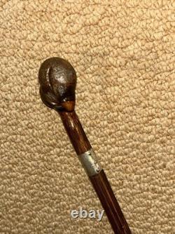 Antique Walking Stick Cane Hand-Carved Man Top & Hallmarked 1914 Silver Collar