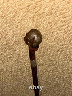 Antique Walking Stick Cane Hand-Carved Man Top & Hallmarked 1914 Silver Collar