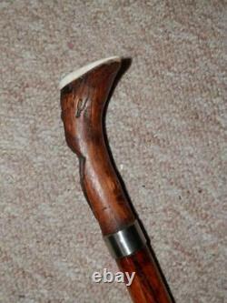 Antique Walking Stick/Cane Hand-Carved Mans Head Top & Silver Collar 93cm