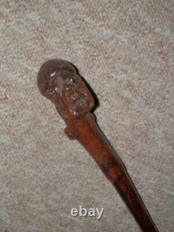 Antique Walking Stick/Cane Hand-Carved Mans Head Top With Glass Eyes 89.5cm