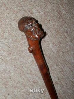 Antique Walking Stick/Cane Hand-Carved Mans Head Top With Glass Eyes 89.5cm