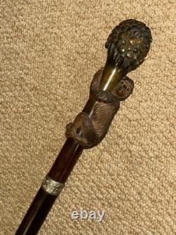 Antique Walking Stick Cane Hand-Carved Monkey Climbing Tree Handle & Collar
