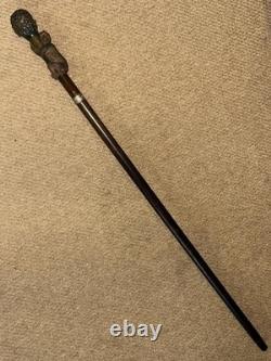 Antique Walking Stick Cane Hand-Carved Monkey Climbing Tree Handle & Collar