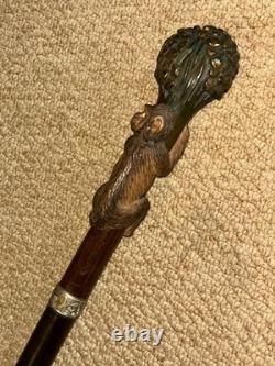 Antique Walking Stick Cane Hand-Carved Monkey Climbing Tree Handle & Collar