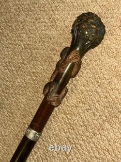 Antique Walking Stick Cane Hand-Carved Monkey Climbing Tree Handle & Collar