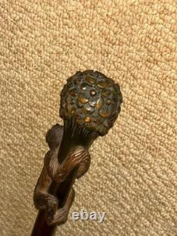 Antique Walking Stick Cane Hand-Carved Monkey Climbing Tree Handle & Collar