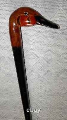 Antique Walking Stick / Cane Hand Carved / Painted Duck Head Handle Glass Eyes