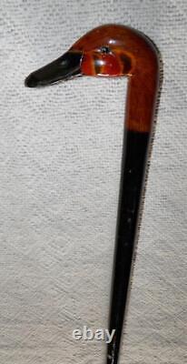 Antique Walking Stick / Cane Hand Carved / Painted Duck Head Handle Glass Eyes