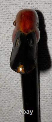 Antique Walking Stick / Cane Hand Carved / Painted Duck Head Handle Glass Eyes