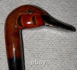 Antique Walking Stick / Cane Hand Carved / Painted Duck Head Handle Glass Eyes