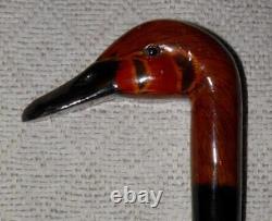 Antique Walking Stick / Cane Hand Carved / Painted Duck Head Handle Glass Eyes