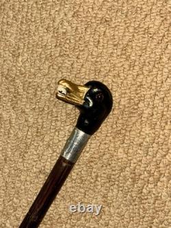 Antique Walking Stick / Cane Hand-Carved & Painted Duck Head & Silver Collar