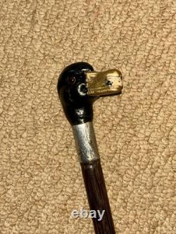 Antique Walking Stick / Cane Hand-Carved & Painted Duck Head & Silver Collar