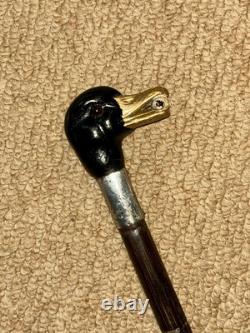 Antique Walking Stick / Cane Hand-Carved & Painted Duck Head & Silver Collar