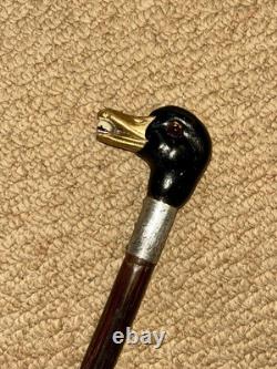 Antique Walking Stick / Cane Hand-Carved & Painted Duck Head & Silver Collar