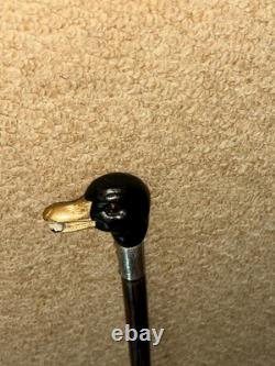 Antique Walking Stick / Cane Hand-Carved & Painted Duck Head & Silver Collar