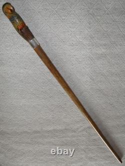 Antique Walking Stick Cane Hand Carved & Painted Parrot Glass Eyes Silver Collar
