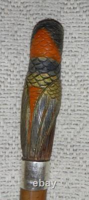 Antique Walking Stick Cane Hand Carved & Painted Parrot Glass Eyes Silver Collar