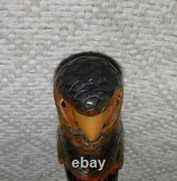 Antique Walking Stick Cane Hand Carved & Painted Parrot Glass Eyes Silver Collar