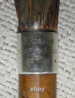 Antique Walking Stick Cane Hand Carved & Painted Parrot Glass Eyes Silver Collar