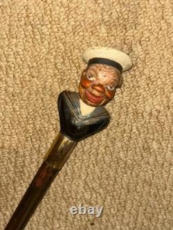 Antique Walking Stick Cane Hand Carved & Painted Sailor Gold Plated Collar