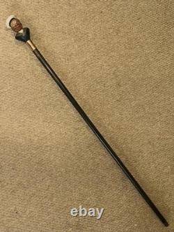 Antique Walking Stick Cane Hand Carved & Painted Sailor Gold Plated Collar
