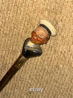 Antique Walking Stick Cane Hand Carved & Painted Sailor Gold Plated Collar