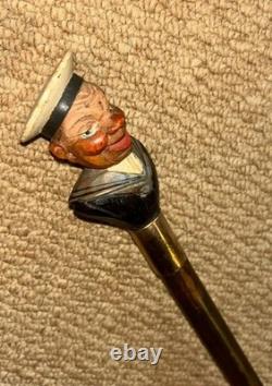 Antique Walking Stick Cane Hand Carved & Painted Sailor Gold Plated Collar