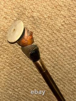 Antique Walking Stick Cane Hand Carved & Painted Sailor Gold Plated Collar