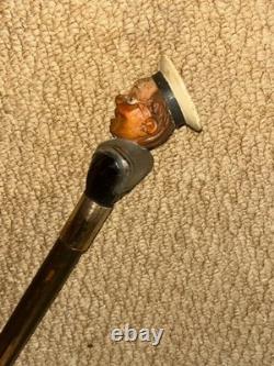 Antique Walking Stick Cane Hand Carved & Painted Sailor Gold Plated Collar