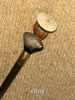 Antique Walking Stick Cane Hand Carved & Painted Sailor Gold Plated Collar