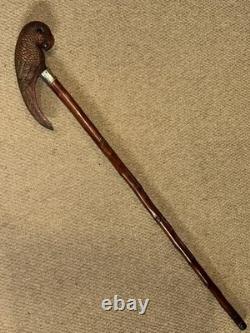 Antique Walking Stick Cane Hand-Carved Parrot & Hallmarked 1913 Silver Collar