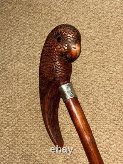 Antique Walking Stick Cane Hand-Carved Parrot & Hallmarked 1913 Silver Collar