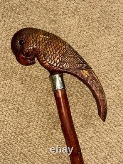Antique Walking Stick Cane Hand-Carved Parrot & Hallmarked 1913 Silver Collar