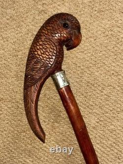 Antique Walking Stick Cane Hand-Carved Parrot & Hallmarked 1913 Silver Collar