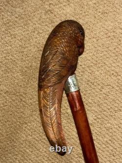 Antique Walking Stick Cane Hand-Carved Parrot & Hallmarked 1913 Silver Collar