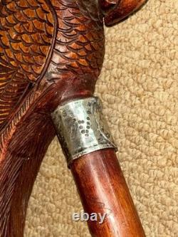 Antique Walking Stick Cane Hand-Carved Parrot & Hallmarked 1913 Silver Collar