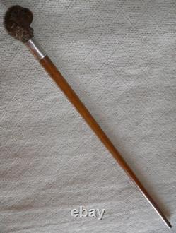 Antique Walking Stick Cane Hand Carved Parrot Head Top Glass Eyes Silver Collar