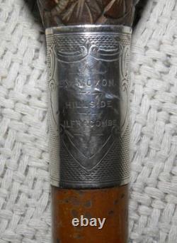 Antique Walking Stick Cane Hand Carved Parrot Head Top Glass Eyes Silver Collar