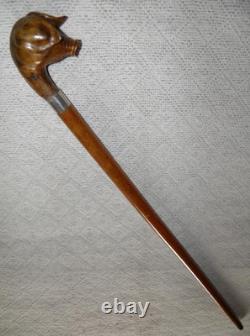 Antique Walking Stick / Cane Hand-Carved Pig Head Glass Eyes Silver Collar